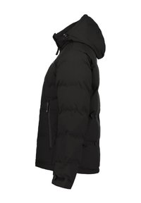 Black puffer jacket featuring a hood, zippered front pocket, elastic cuffs, and a quilted design for insulation and warmth.
