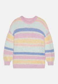 Maglione a strisce pastello in materiale morbido e soffice. Presenta strisce di blu chiaro, rosa, giallo e lavanda. Collo rotondo e polsini a costine.
