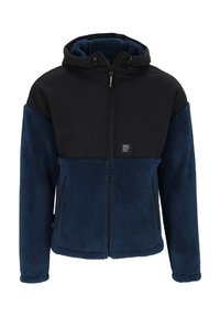 Fleecegefütterte Jacke mit schwarzem, wasserabweisendem Ober material und tiefblauem, flauschigem Körper; verfügt über eine Kapuze, einen Reißverschluss und seitliche Taschen.