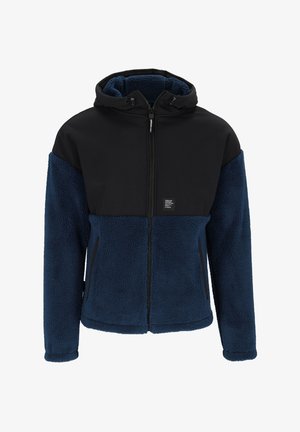 Fleece-lined jacket with a black water-resistant upper and deep blue fluffy body; features a hood, zipper closure, and side pockets.
