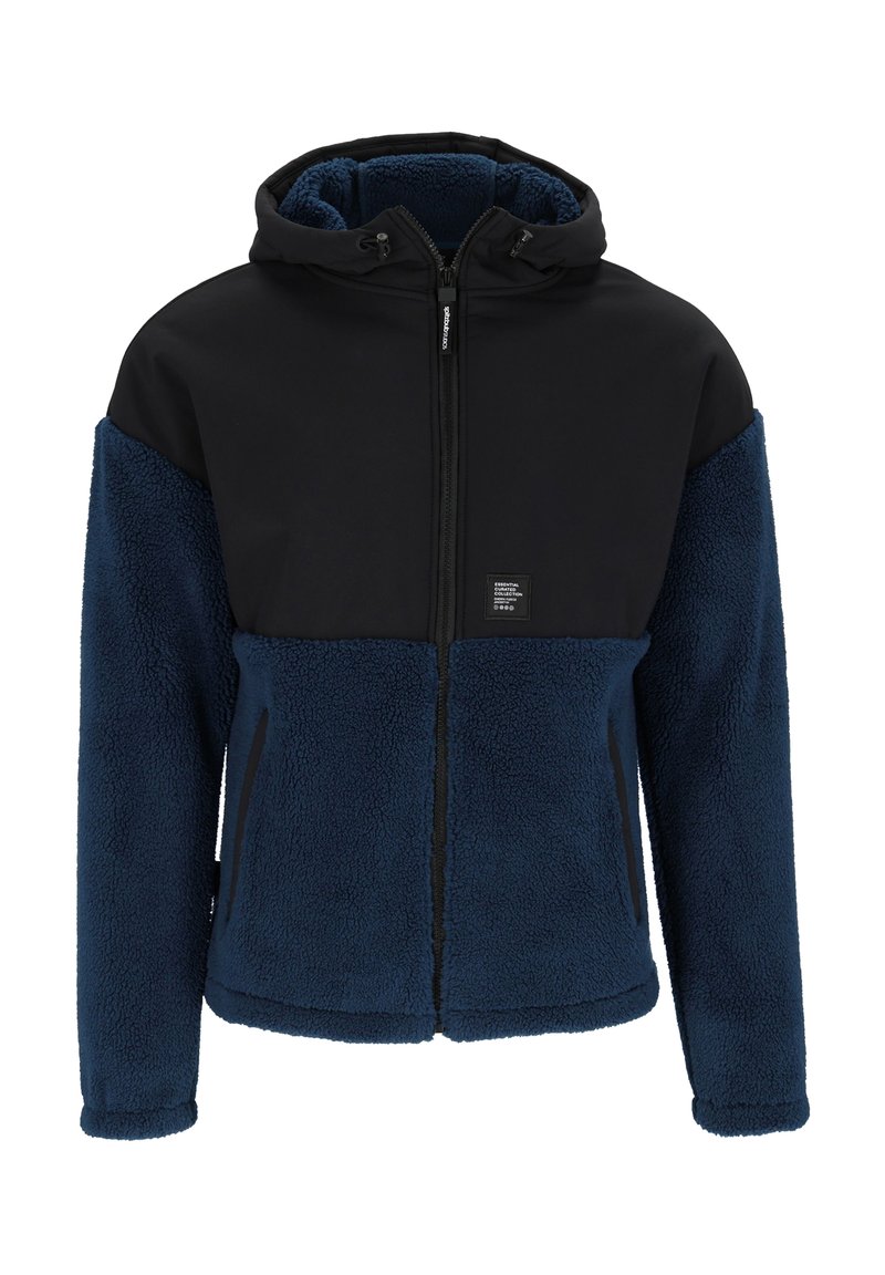 Fleecegefütterte Jacke mit schwarzem, wasserabweisendem Ober material und tiefblauem, flauschigem Körper; verfügt über eine Kapuze, einen Reißverschluss und seitliche Taschen.