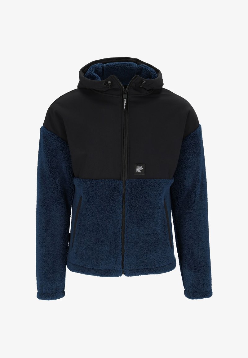 Fleecegefütterte Jacke mit schwarzem, wasserabweisendem Ober material und tiefblauem, flauschigem Körper; verfügt über eine Kapuze, einen Reißverschluss und seitliche Taschen.