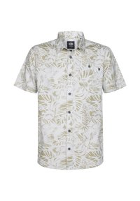 Camisa de manga corta en blanco con un patrón de hojas tropicales verdes, que presenta un cierre de botones en la parte delantera y un bolsillo en el lado izquierdo del pecho.