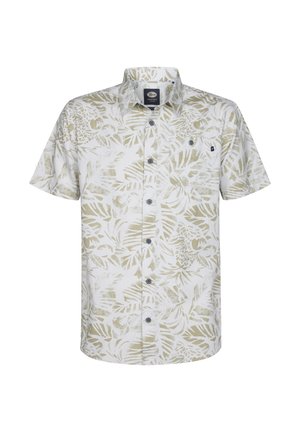 Krátký rukáv košile v bílé barvě s zeleným tropickým listovým vzorem, s knoflíkovou přední částí a kapsou na levé části hrudi.