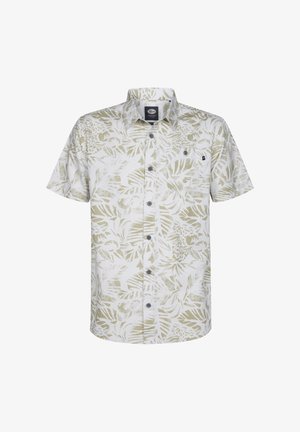 Koszula z krótkim rękawem w kolorze białym z zielonym wzorem tropikalnych liści, z zapięciem na guziki z przodu oraz kieszonką po lewej stronie na piersi.