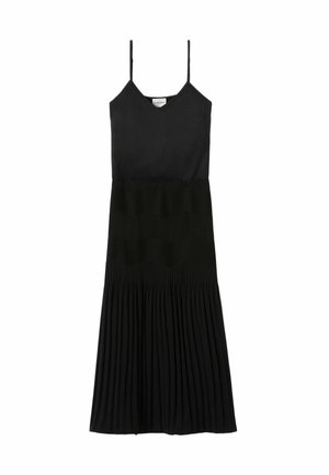 Abito nero con sottili spalline, corpetto aderente e gonna plissettata. Realizzato in tessuto liscio con una sezione inferiore strutturata.