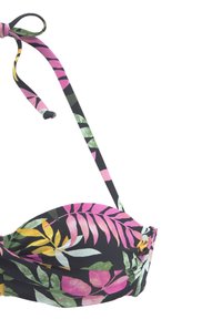 Bikini viršus su žydrų raštu, featuring rožinės, žalios ir geltonos lapų su juodu fonu, reguliuojamomis petnešomis ir susiraukšlėjimais.