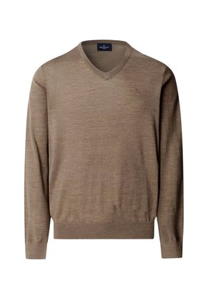 V-Ausschnitt, langärmeliges Sweatshirt in Hellbraun, gefertigt aus feinem Strickstoff. Verfügt über ein kleines Logo auf der Brust sowie gerippte Bündchen und Saum.