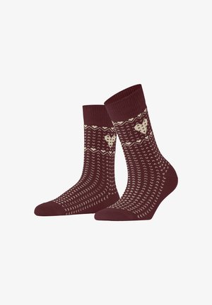 Maroon socks with cream pattern featuring hearts and zigzag lines. Ribbed cuffs and smooth texture for comfort. Ankle-length design.