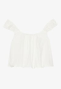 Hvit off-the-shoulder topp med volangerm, laget av myk stoff. Har rynkedetaljer foran og en løs passform.