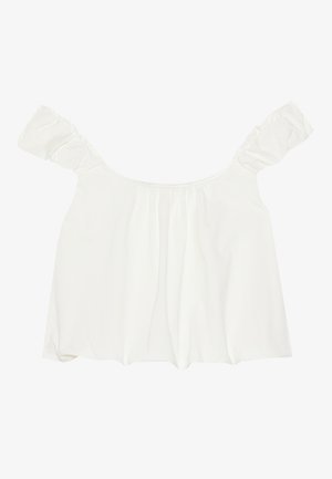 Vit off-shoulder topp med volangärmar, tillverkad av mjukt material. Har samlad detaljering fram och en lös passform.
