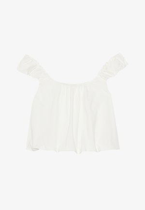 Hvit off-the-shoulder topp med volangerm, laget av myk stoff. Har rynkedetaljer foran og en løs passform.