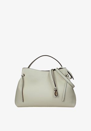 Borsa in pelle cremosa con manico superiore singolo e cinturini laterali decorativi, design minimalista e forma morbida e arrotondata.