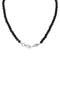 Lava stone bead necklace in black with a silver clasp and decorative detail, featuring round beads and a textured surface.