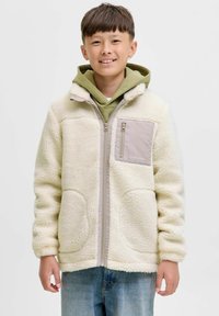 Fleecejacke in crème met een beige ritszak. Heeft een staande kraag en een gestructureerde stof. Draagt over een groene hoodie.