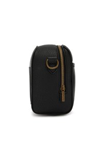 Schwarze Lederhandtasche mit strukturierter Oberfläche, runder Form und einem Reißverschluss in Goldoptik. Besitzt eine seitliche Schlaufe als Akzent zur Befestigung.