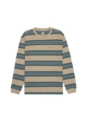 Beżowa koszula z długim rękawem w poziome pasy w kolorach ciemnej zieleni, niebieskim i czerwonym. Posiada okrągły dekolt oraz haftowane logo na piersi.