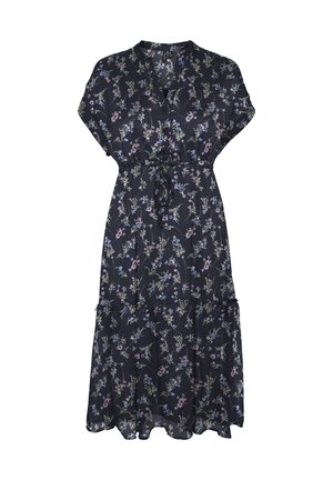 Floral bedrucktes Kleid in Marineblau mit kurzen Ärmeln, V-Ausschnitt, tailliertem Gürtel und gestuftem Rock. Hergestellt aus leichtem, fließendem Stoff.
