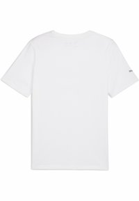 Hvid kortærmet t-shirt lavet af bomuld, med rund halsudskæring og et lille gråt logo på venstre ærme. Blød, glat tekstur.