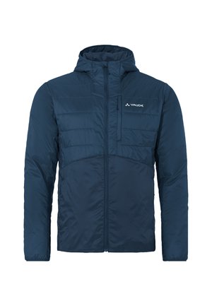 Marineblauwe gewatteerde jas met capuchon, van lichte, waterafstotende stof, met een voorrits en een borstzak.