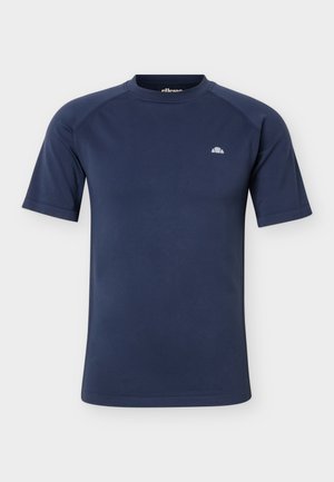 Marineblå kortermet treningsskjorte med rund hals og liten hvit logo på venstre bryst.