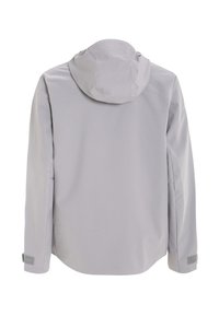 Giacca impermeabile grigio chiaro con cappuccio, maniche lunghe e polsini regolabili. Texture liscia con design minimalista e senza logo visibile.