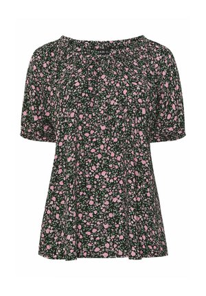 Schwarze Bluse mit kurzen Ärmeln, kleinem Blumenmuster in Pink und Grün, gerafftem Ausschnitt und lockerem Schnitt.