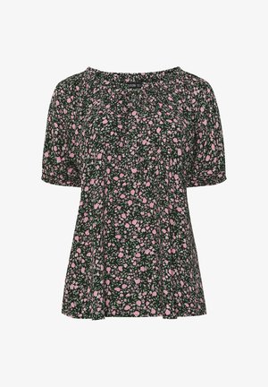 Musta lyhythihainen pusero, jossa on vaaleanpunainen ja vihreä pieni kukkakuvio, kerätty pääntie ja rento istuvuus.