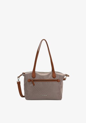 Taupekleurige draagtas met bruine leren handvatten en ritspocket aan de voorkant, voorzien van afneembare schouderriem en metalen logoplaatje.