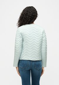 Γυναίκα με μακριά σγουρά μαλλιά που φοράει ανοιχτό μπλε μπουφάν με κυματιστό σχέδιο και μπλε τζιν, στέκεται με την πλάτη προς το λευκό φόντο.