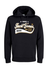 Schwarzer Hoodie aus Baumwollmischung, mit einem weißen und gelben Textgrafik, die "Jack & Jones" leserlich zeigt, sowie einem Banddesign darunter.