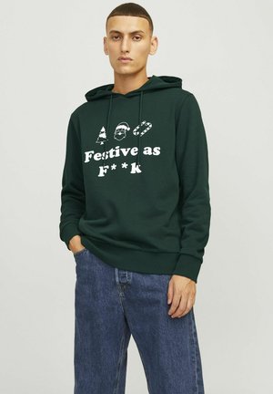 Dark green hoodie with a front graphic featuring a tree, Santa, and candy cane, along with the text "Festive as F***". Soft fabric, casual fit.