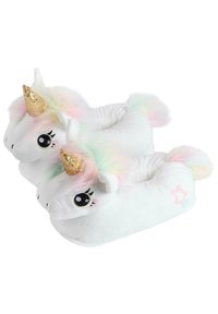 White plush unicorn slippers with pastel rainbow accents, golden sequined horns, and embroidered star details. Soft, rounded design.