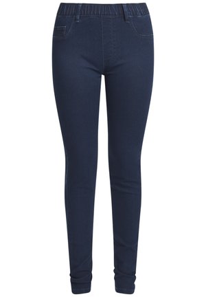 Mørkeblå denim leggings med elastisk linning, to frontlommer, tettsittende passform og subtil sømdetalj på sidene.