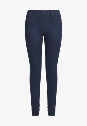 Mørkeblå denim leggings med elastisk linning, to frontlommer, tettsittende passform og subtil sømdetalj på sidene.