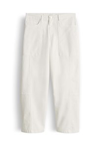 Pantalon large écru taille haute avec grandes poches plaquées devant et fermeture par bouton à la taille.