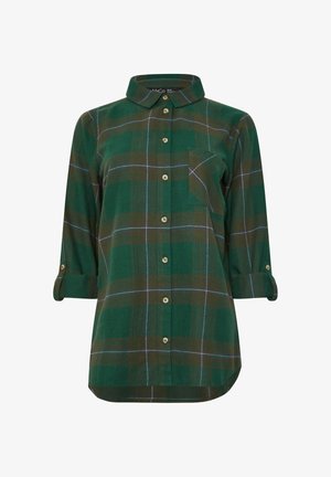 Groene geruite overhemd met een kraag, knoopsluiting aan de voorkant en een enkele borstzak. Opgerolde mouwen hebben gouden hardware accenten.