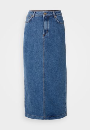 Denimrock, knielang, blaue Farbe, gerader Schnitt. Verfügt über vordere Taschen, Gürtelschlaufen und Kontrastnähte an den Säumen. Glatte Textur.