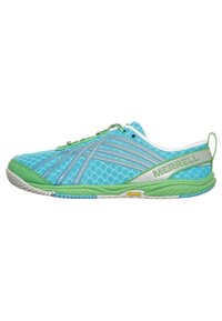 Zapatillas deportivas ligeras en malla azul con acentos verdes. Las características incluyen una suela texturizada y una destacada marca "Merrell" en el lateral.