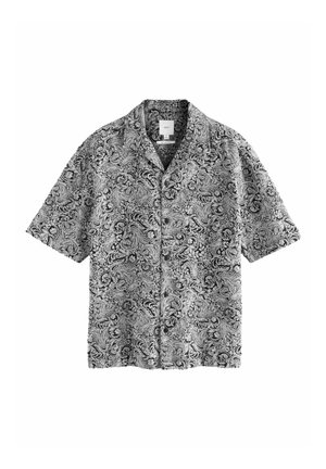 Short-sleeve shirt in black and white paisley pattern, made of lightweight fabric, featuring a collar and button-down front.