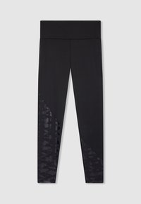 Czarne legginsy o gładkiej teksturze, z ukośnym panelem z subtelnym wzorem na dolnej części nogi. Wysoki pas dla wsparcia.