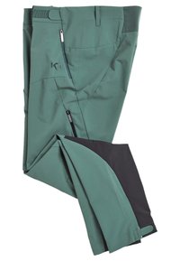 Grüne outdoor Hosen mit tailliertem Design, featuring einem schwarzen Akzent an den Beinen, Reißverschlusstaschen und einer glatten, leichten Textur.