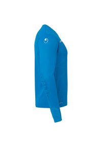 T-shirt de sport à manches longues bleu en matériau extensible, avec des accents de motifs géométriques et des coudières renforcées pour la durabilité.