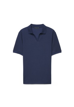 Navy blue short-sleeve polo shirt with subtle vertical ribbing and a relaxed open collar, laid flat on a white background.