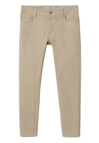 Pantalon beige ajusté, avec bouton sur le devant, fermeture éclair, et design à cinq poches, présenté à plat sur un fond blanc.