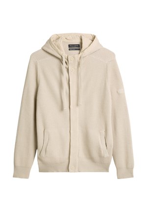 Beżowa dziana bluza z kapturem o teksturowanej powierzchni, z zapięciem na guziki, dwoma przednimi kieszeniami oraz kapturem ze sznurkiem. Miękka tkanina z prążkowanymi mankietami.
