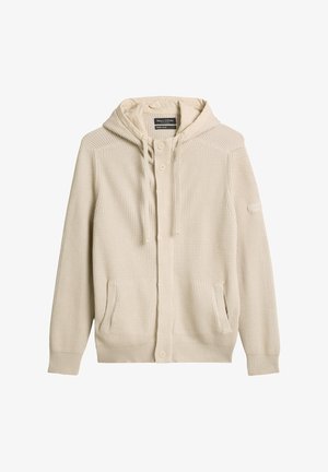 Beżowa dziana bluza z kapturem o teksturowanej powierzchni, z zapięciem na guziki, dwoma przednimi kieszeniami oraz kapturem ze sznurkiem. Miękka tkanina z prążkowanymi mankietami.