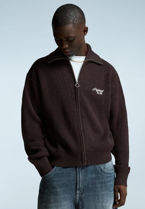 Muškarac u tamnosmeđem rebrastom zip-up dukserici s izvezenim natpisom "Proficient Est. 2001", plavim trapericama, bijelom košuljom i zlatnim lancem, ruku stavljenih u džepove.