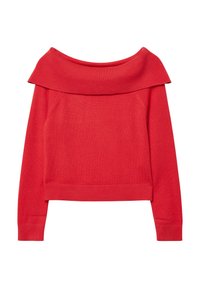 Red off-the-shoulder sweater with a ribbed collar and cuffs, made from a smooth knit fabric, featuring a cropped design.