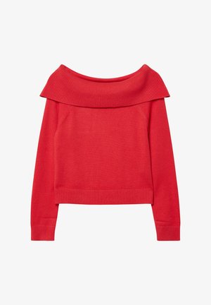 Rode off-the-shoulder trui met een geribde kraag en manchetten, gemaakt van een glad gebreide stof, met een cropped ontwerp.